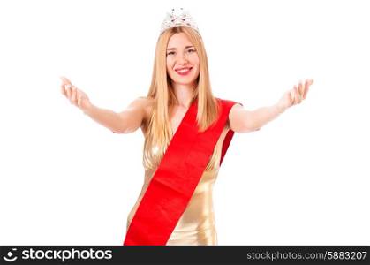 Beauty queen at contest isolated on white
