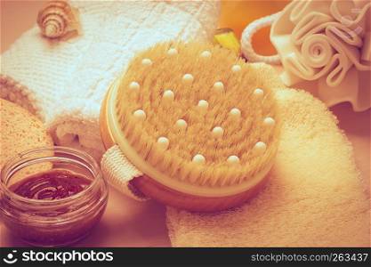 Beauty relaxation and body care. Closeup spa products on wooden table.