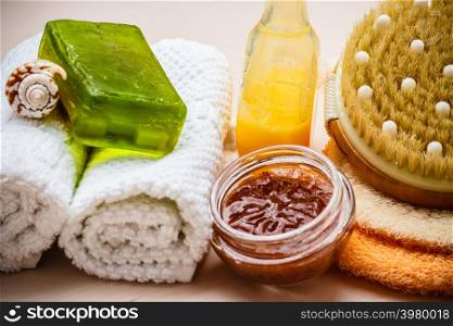 Beauty relaxation and body care. Closeup spa products on wooden table.