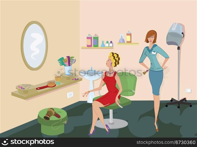 Beauty salon client in red dress is looking in the mirror