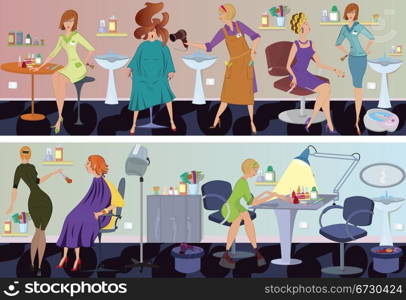 Beauty salon workers and clients in different situations