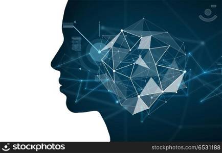 beauty, science, technology and people concept - woman profile with abstract polygonal space with connected dots and lines. double exposure woman and polygonal space. double exposure woman and polygonal space