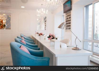 Beauty shop interior, professional manicure and pedicure service, nobody. Beautician salon, Cosmetologist studio