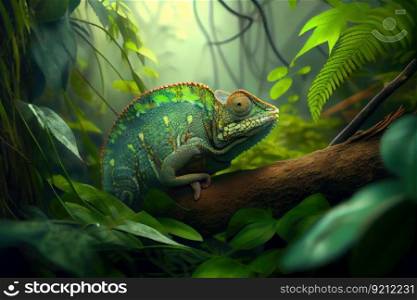 beauty shot of chameleon in its natural environment, surrounded by lush greenery, created with generative ai. beauty shot of chameleon in its natural environment, surrounded by lush greenery