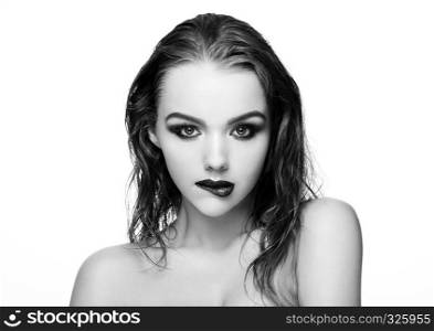 Beauty smokey eyes red lips makeup wet hair sexy model on grey background