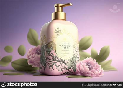  Beauty spa medical skincare with floral , Cosmetics lotion bottle cream product and fresh pink flowers , Generate AI