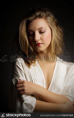 Beauty style portrait of young girl on grey background