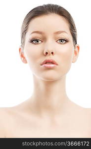 Beauty style portrait of young woman with healthy skin and wet hair . close up on face. she is in front of the camera, looks in to the lens and her face is slightly raised