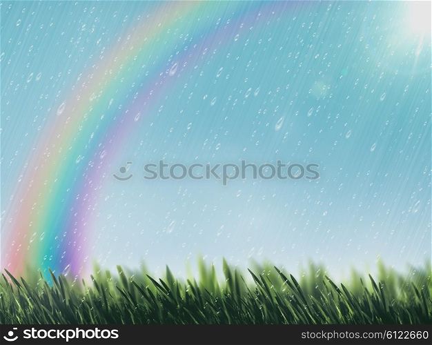 Beauty summer day with rain drops, funny rainbow and green grass