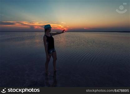 Beauty sunset on salty lake in Altay, Siberia, Russia. Beauty sunset on salty lake