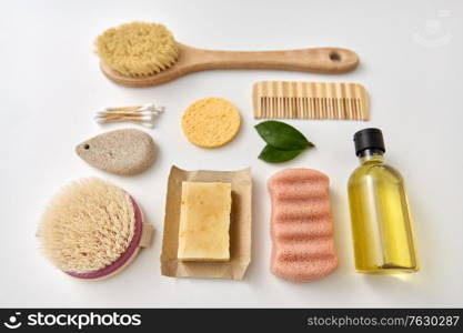 beauty, sustainability and eco living concept - natural cosmetics and bodycare eco products on white background. natural cosmetics and bodycare eco products