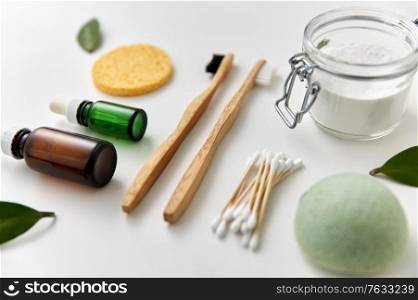 beauty, sustainability and eco living concept - natural cosmetics and bodycare eco products on white background. natural cosmetics and bodycare eco products