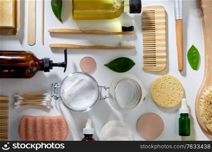 beauty, sustainability and eco living concept - natural cosmetics and bodycare eco products on white background. natural cosmetics and bodycare eco products