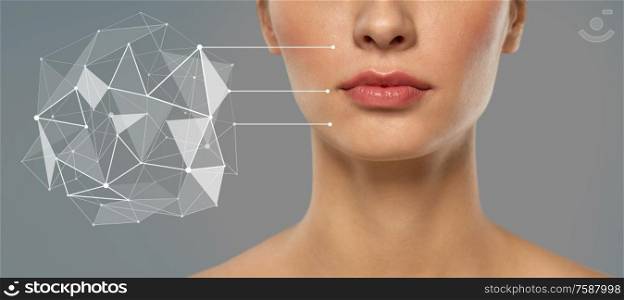 beauty, technology and science concept - close up of beautiful young woman face and neck with low poly shape projection and pointers showing her skin on grey background. woman with futuristic pointers showing face skin