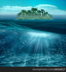 Beauty tropical island in the blue ocean with underwater landscape