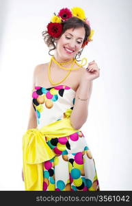 Beauty - vernal happy young woman in colorful bright dress. Series of photos