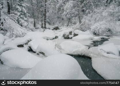 Beauty winter landscape with fair trees and river under the snow.. Beauty winter landscape