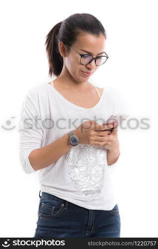 beauty Woman asian black hair wearing white shirt blue jean trouser with glass and watch stand smile using a mobile phone isolated on a white background