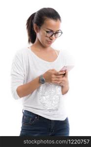 beauty Woman asian black hair wearing white shirt blue jean trouser with glass and watch stand smile using a mobile phone isolated on a white background