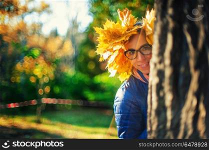 Beauty woman at autumn park. Beauty woman at autumn park in sunny beauty day