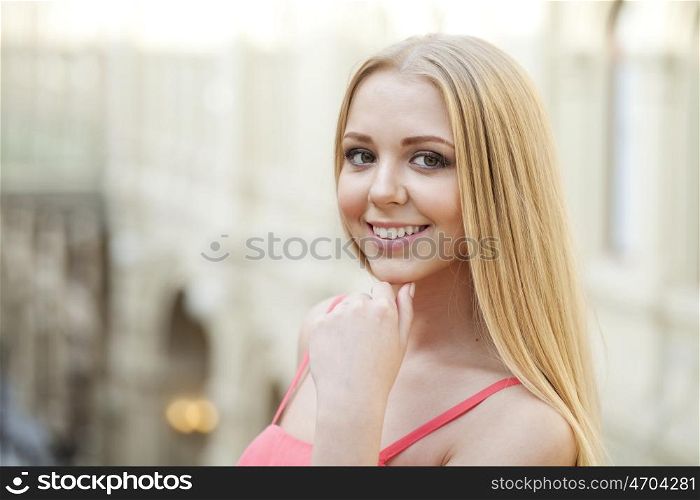 Beauty woman face closeup. Beautiful model blonde girl makeup.