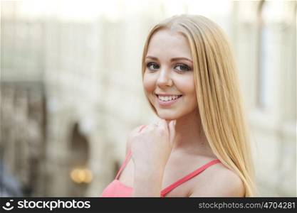 Beauty woman face closeup. Beautiful model blonde girl makeup.