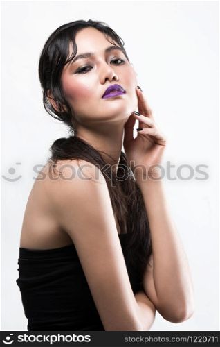 Beauty Woman Face Make Up and Hands Skincare, Model black hair and nail purple lip Isolated on White Background
