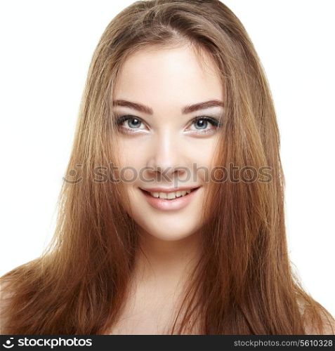 Beauty woman face. Young girl smiling. Isolated on white background. Fashion photo
