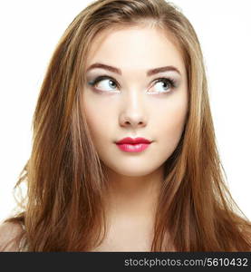 Beauty woman face. Young girl smiling. Isolated on white background. Fashion photo