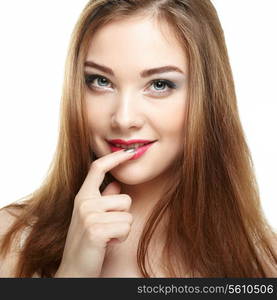 Beauty woman face. Young girl smiling. Isolated on white background. Fashion photo