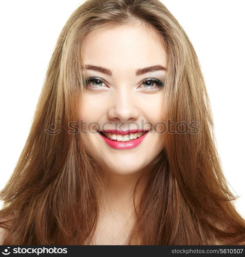 Beauty woman face. Young girl smiling. Isolated on white background. Fashion photo