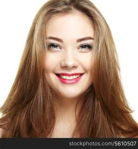 Beauty woman face. Young girl smiling. Isolated on white background. Fashion photo