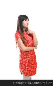 beauty woman wear red cheongsam looking and think isolated in white background
