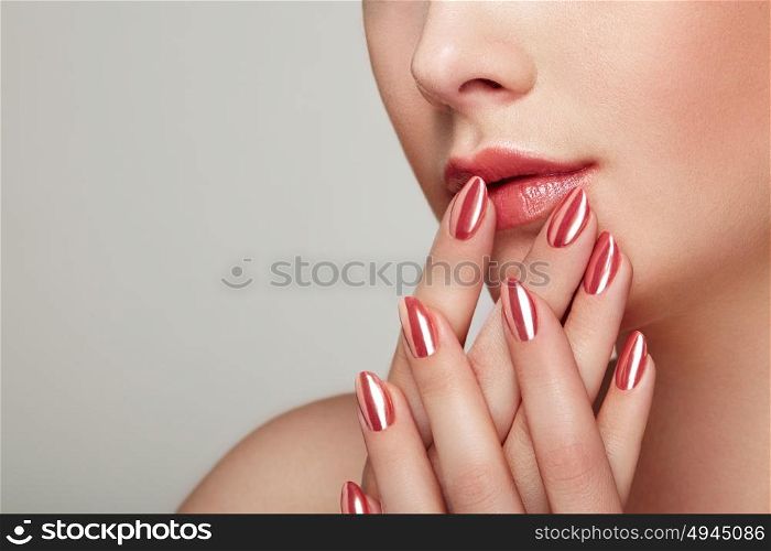 Beauty woman with perfect makeup. Glamour girl. Red lips and nails. Skin care foundation. Beauty girls face isolated on light background. Fashion photo