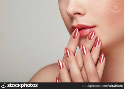 Beauty woman with perfect makeup. Glamour girl. Red lips and nails. Skin care foundation. Beauty girls face isolated on light background. Fashion photo