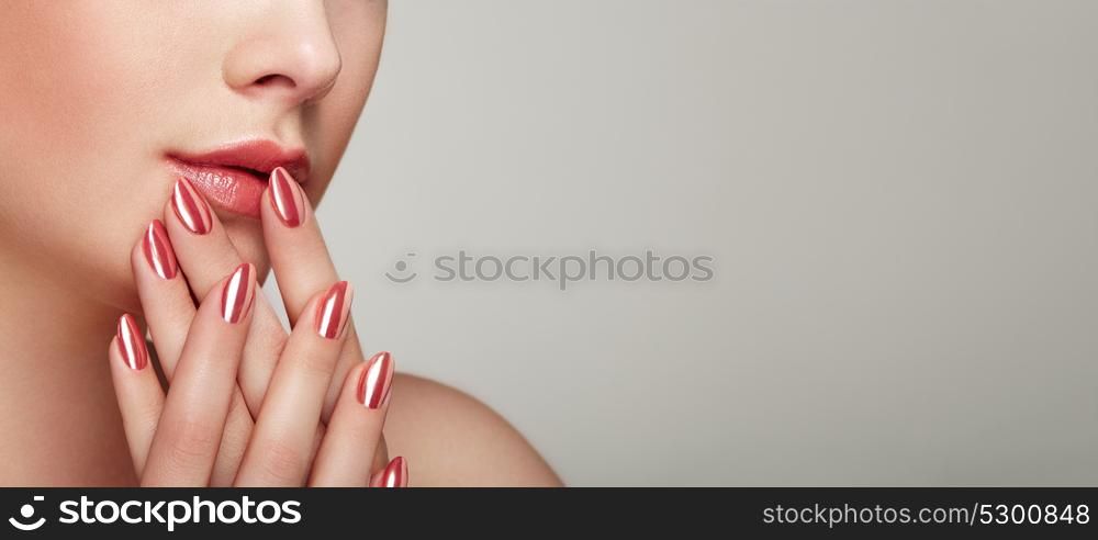 Beauty Woman with perfect Makeup. Glamour Girl. Red Lips and Nails. Skin care foundation. Beauty girls Face isolated on light Background. Fashion photo