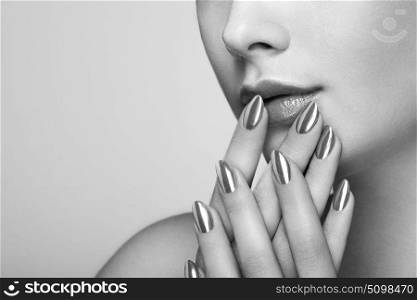 Beauty woman with perfect makeup. Lips and nails. Skin care foundation. Beauty girls face isolated on light background. fashion Black and White photo