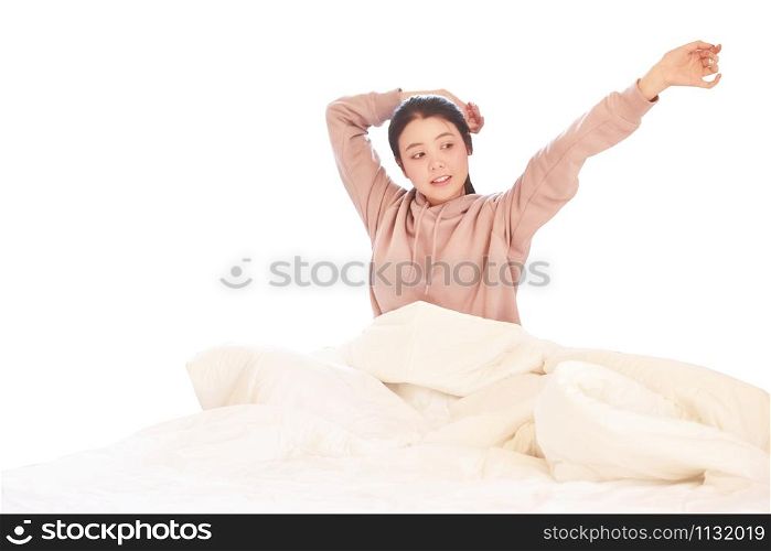 Beauty women wake up on bedroom white background