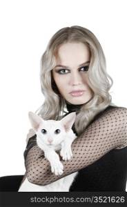 beauty young blond woman with oriental shorthair cat on a white