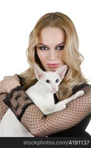 beauty young blond woman with oriental shorthair cat on a white