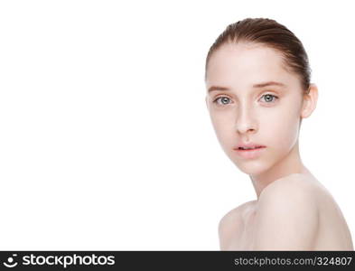 Beauty young cute fashion model with natural makeup skin care and spa treatment. Perfect skin with freckles