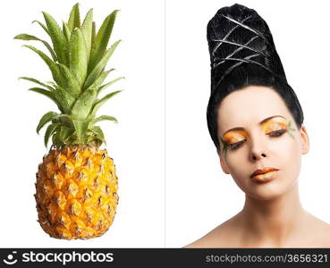 beauty young girl with a floral makeup. She is turned of three quarters and looks in to the lens with attractive expression