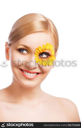 beauty young girl with a floral makeup. She laughs and looks at right