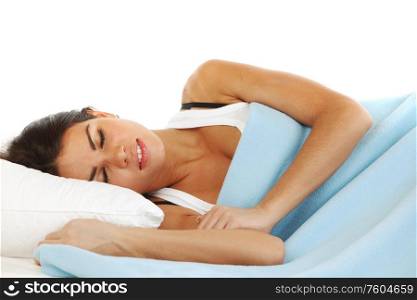 beauty young woman sleep on the pillow isolated on white background. sleeping young woman