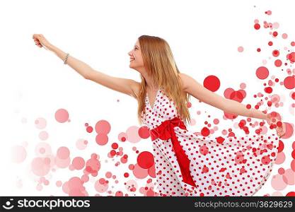 Beautyful young woman in red dress and flowers