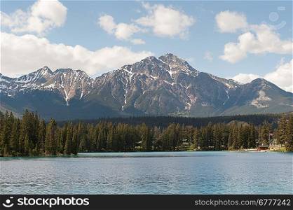 Beauvert Lake with mountains in the background, Jasper National Park, Alberta, Canada