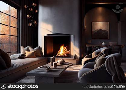 bechfront villa with cozy fireplace and sitting area, surrounded by sophisticated decor, created with generative ai. bechfront villa with cozy fireplace and sitting area, surrounded by sophisticated decor