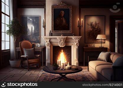 bechfront villa with cozy fireplace and sitting area, surrounded by sophisticated decor, created with generative ai. bechfront villa with cozy fireplace and sitting area, surrounded by sophisticated decor