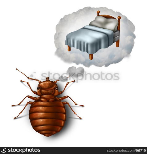 Bed bug dreaming or nightmare and bedbug worry concept as a parasitic insect pest imagining in a dream bubble a pillow and sheets as a symbol and metaphor for sleeping health and hygiene in a 3D illustration style.