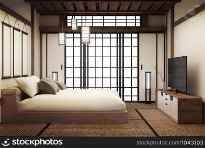 Bed room, Japanese bed room interior has lamp and smart TV. 3D rendering